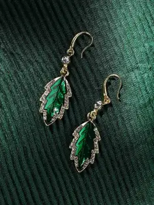 SOHI Gold-Plated Stone-Studded Leaf Shaped Drop Earrings