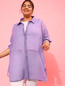 CURVY STREET Button Cuff Long Sleeves Longline Sheer Casual Shirt