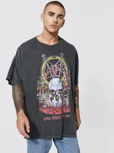 boohooMAN Oversized Slayer Overdyed Drop-Shoulder Sleeves Pure Cotton T-shirt