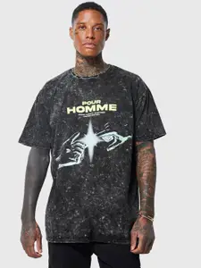 boohooMAN Oversized Acid Wash Printed Drop-Shoulder Sleeves Pure Cotton T-shirt