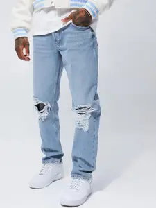 boohooMAN Straight Fit Highly Distressed Pure Cotton Light Fade Jeans