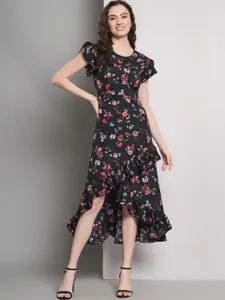 Kushi Flyer Floral Crepe High-Low Hem A-Line Midi Dress