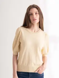 B.Copenhagen Self Design Round Neck Puff Sleeves Pullover