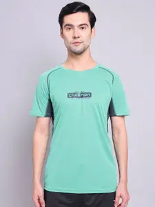 Technosport Men Green Typography Antimicrobial Applique Training or Gym T-shirt