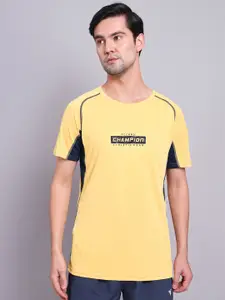 Technosport Men Yellow Typography Antimicrobial Applique Training or Gym T-shirt