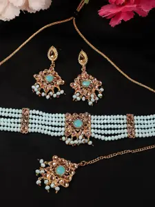 Jazz and Sizzle Gold-Plated Kundan-Studded & Beaded Necklace and Earrings With Maang Tika