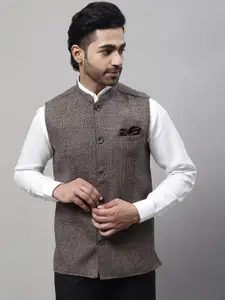 even Self Design Woven Mandarin Collar Nehru Jacket With Welt Pockets