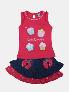 V-Mart Infant Girls Printed Pure Cotton T-shirt With Skirt
