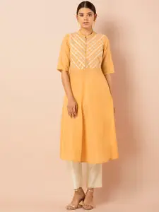 INDYA Floral Embroidered Pure Cotton A-Line Kurta