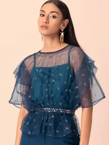 INDYA Sequined Work Organza Peplum Top With Attached Camisole