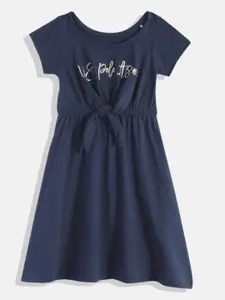 U.S. Polo Assn. Kids Girls Brand Logo Printed Pure Cotton Fit & Flare Dress with Bow
