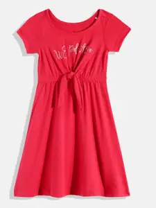 U.S. Polo Assn. Kids Girls Brand Logo Printed Pure Cotton Fit & Flare Dress with Bow
