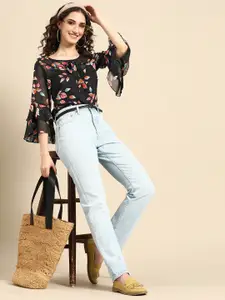 Sangria Floral Print Tie-Up Neck Georgette Top