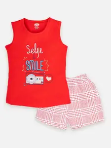 AMUL Kandyfloss Girls Typography Printed Round Neck Sleeveless Pure Cotton Top with Shorts