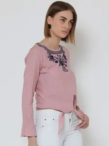 DODO & MOA Pink Round Neck Embroidered Bell Sleeves Cotton Top