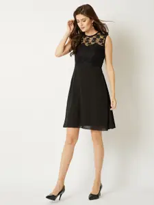 Miss Chase Women Black Lace Knee Length Fit and Flare Dress