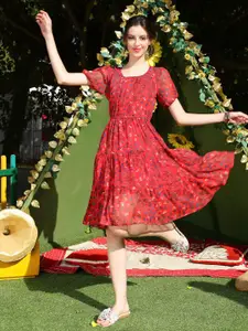 Sera Puff Sleeves Floral Printed Chiffon Dress