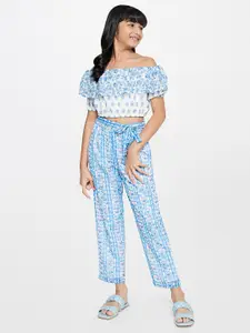 Global Desi Girls Floral Printed Off Shoulder Crop Top with Trousers