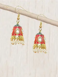 OOMPH Gold Plated Dome Shaped Kundan & Pearls Studded Meenakari Jhumkas Earrings