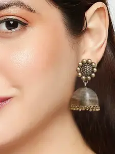 OOMPH Silver Plated Dome Shaped Oxidised Stone Beaded Jhumkas Earrings