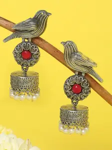 OOMPH Silver-Plated Stone-Studded & Beaded Oxidised Contemporary Jhumkas Earrings