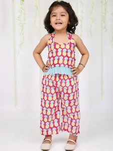 KID1 Girls Printed Halter Neck Pure Cotton Top with Trousers