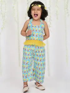 KID1 Girls Printed Pure Cotton Halter Neck Sleeveless Top with Trousers Clothing Set