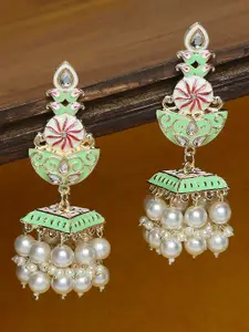 OOMPH Gold-Plated Kundan Meenakari Contemporary Jhumkas Earrings