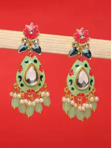 OOMPH Floral Meenakari Kundan Studded & Pearls Drop Earrings