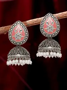 OOMPH Silver Plated Dome Shaped Oxidised Meenakari Kundan Studded Jhumkas Earrings