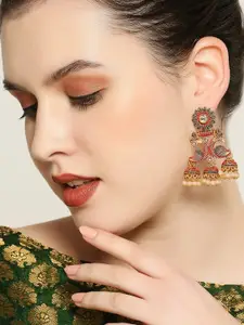 OOMPH Peacock Shaped Kundan Meenakari Jhumkas Earrings