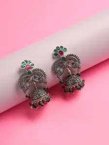 Jazz and Sizzle Silver-Plated Peacock Shaped Beaded Jhumkas Earrings