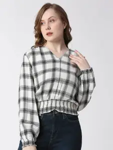 Pepe Jeans Checked V-Neck Cuffed Sleeves Blouson Top