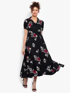 Indietoga Shirt Collar Floral Printed Crepe Maxi Fit and Flare Dress