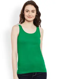 Miss Chase Women Green Solid Tank Pure Cotton Top