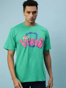 VEIRDO Typography Printed Cotton Oversized Fitted T-shirt