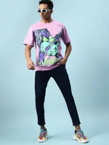 VEIRDO Men Purple & Pink Graphic Printed Cotton Oversized Fit T-shirt