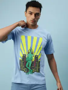 VEIRDO Turquoise Blue& Green Graphic Printed Cotton Oversize Fit T-shirt