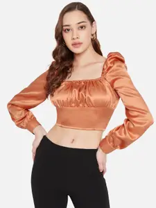 Martini Ruched Puff Sleeves Satin Crop Top
