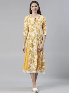 Neerus Floral Printed Tie Up Neck A-Line Ethnic Dresses