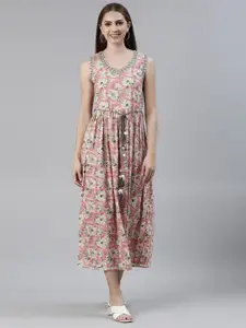Neerus Floral Printed V Neck Embroidered A-Line Dress