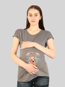 SillyBoom Round Neck Graphic Printed Maternity Cotton T-shirt