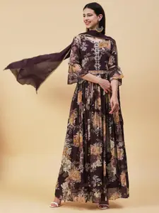 FASHOR Floral Printed Bell Sleeves Chiffon Maxi Dress With Dupatta