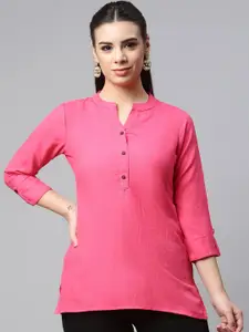 MALHAAR Mandarin Collar Roll-Up Sleeves Cotton Shirt Style Top