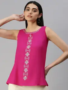 MALHAAR Embroidered Round Neck Sleeveless A-Line Top