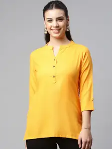MALHAAR Mandarin Collar Pure Cotton Roll Up sleeves A-Line Top