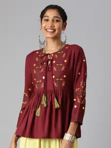 MALHAAR Floral Embroidery Tie-Up Neck Three-Quarter Sleeves Top