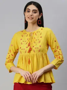MALHAAR Ethnic Motifs Embroidered Keyhole Neck Empire Top