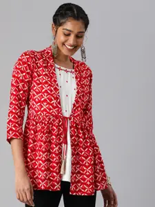 MALHAAR Floral Printed Waist Tie-Ups A-Line Top With Attached Jacket