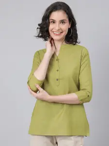 MALHAAR Mandarin Collar Roll-Up Sleeves Shirt Style Pure Cotton Top
